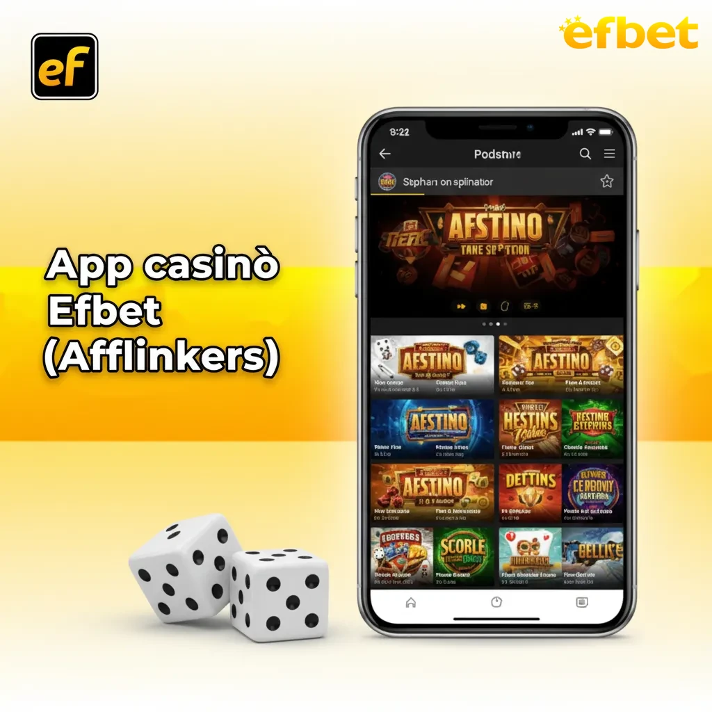 Schermata dell'app di casinò Efbet con menu per slot, tavoli, live casino, sport e promo; giochi come Book of Dead.