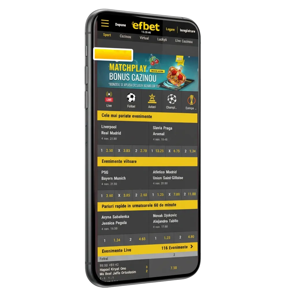 Scarica l’app Efbet per Android (APK) e iOS; scommesse e casinò, bonus 100% fino a 200€, pagamenti Apple Pay, Google Pay.