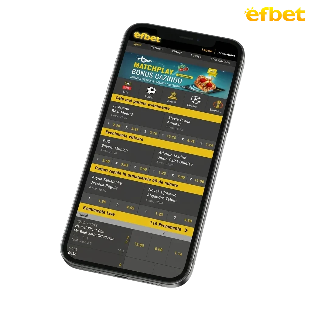 Efbet mobile app download page showing Android APK and iOS options with welcome bonus and payment methods